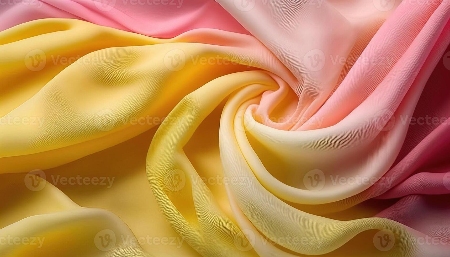 generativo ai, fluente chiffon tessuto struttura nel leggero rosa e giallo colore. lucido primavera striscione, Materiale 3d effetto, moderno macro fotorealistico astratto sfondo illustrazione. foto