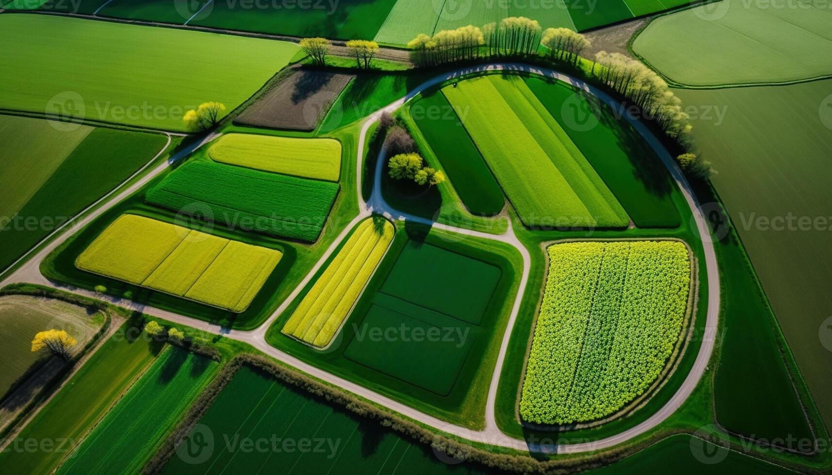 generativo ai, azienda agricola paesaggio, agricolo campi, bellissimo campagna, nazione strada. natura illustrazione, fotorealistico superiore Visualizza drone, orizzontale striscione. foto