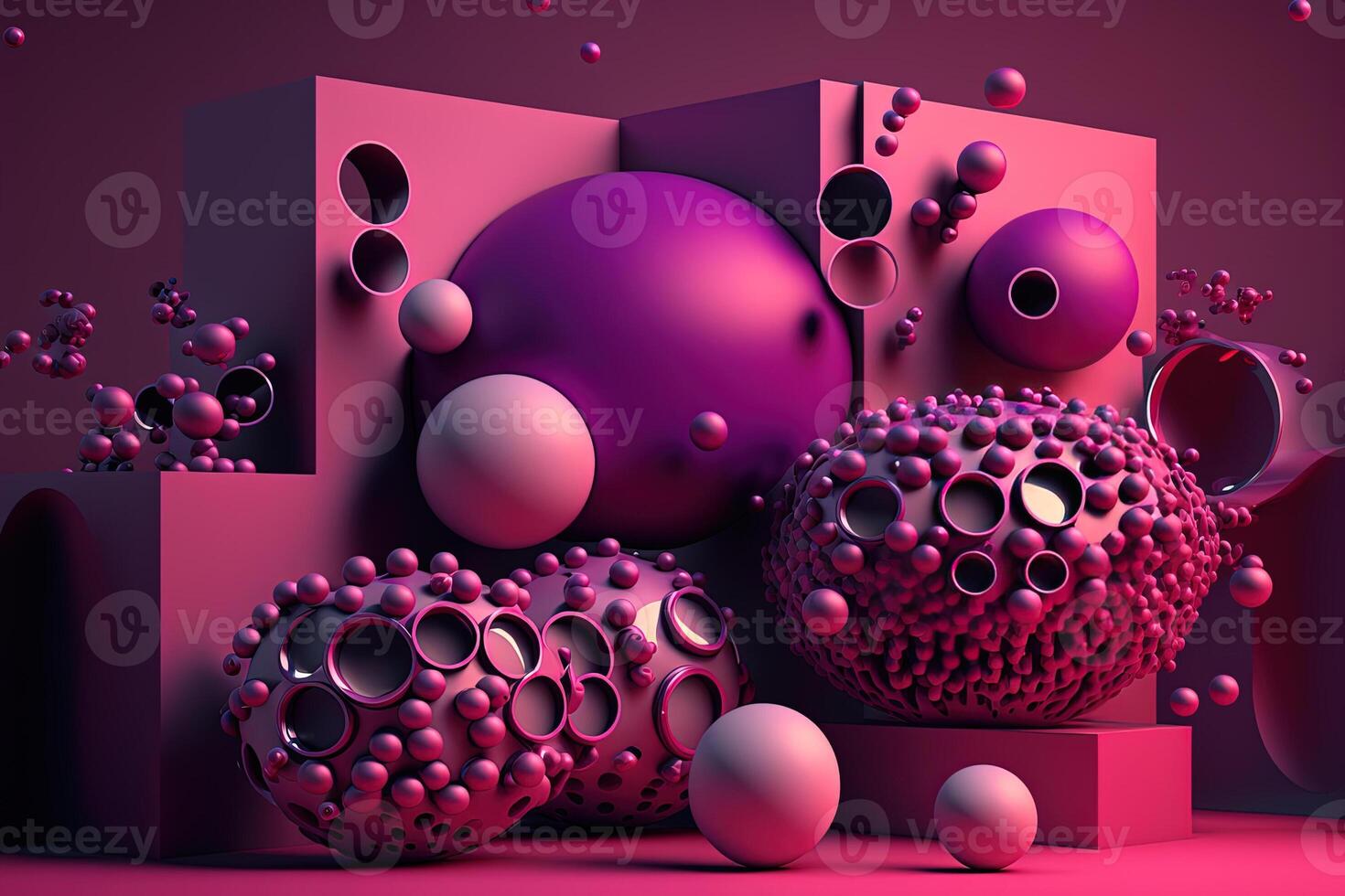 generativo ai, geometrico figure, cubo, galleggiante sfere e palle nel magenta colore. lucido rosa fluido striscione, 3d scena effetto, moderno macro fotorealistico astratto sfondo illustrazione. foto