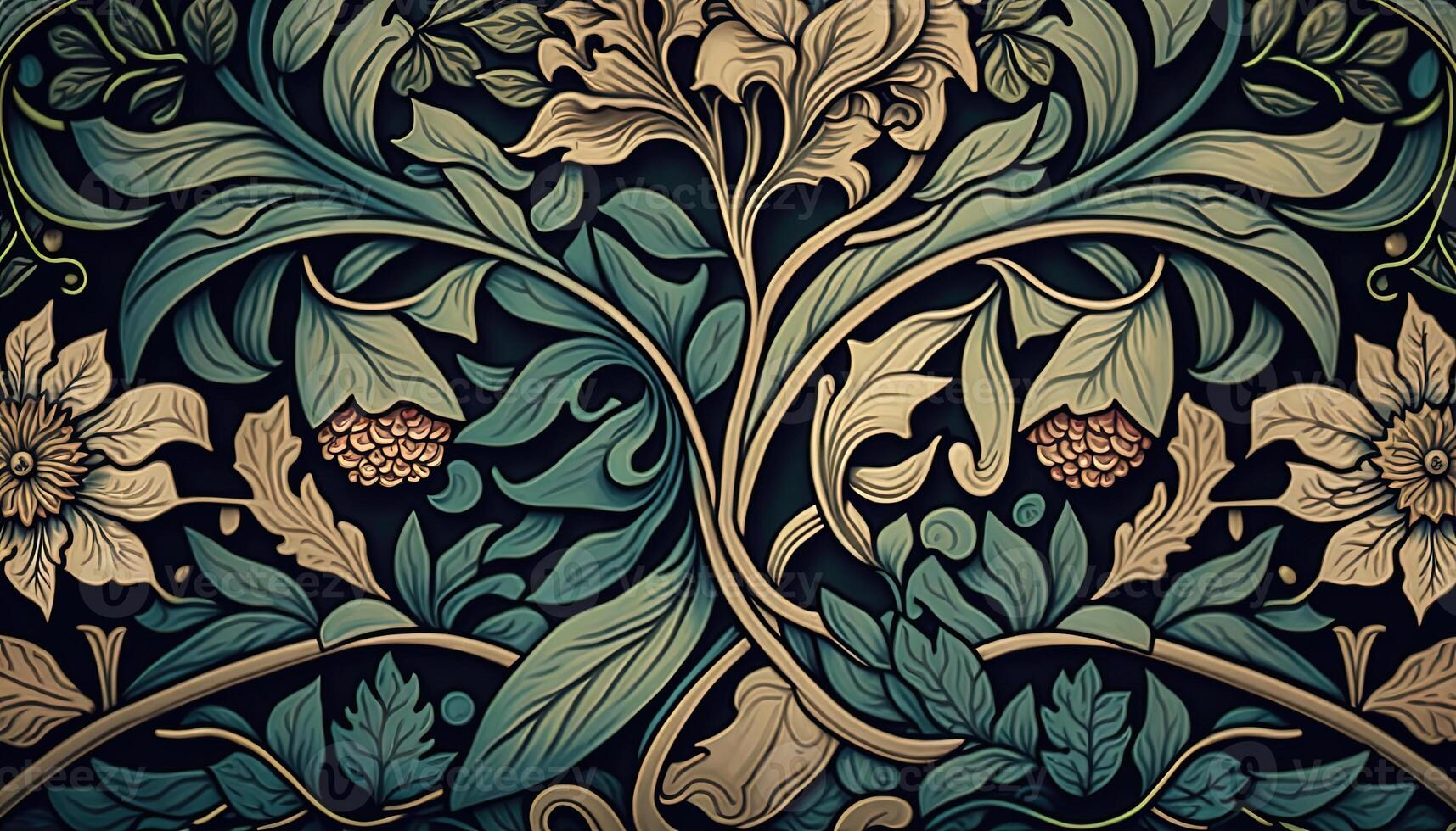 generativo ai, floreale colorato modello. William morris ispirato naturale impianti e fiori sfondo, Vintage ▾ illustrazione. fogliame ornamento. foto