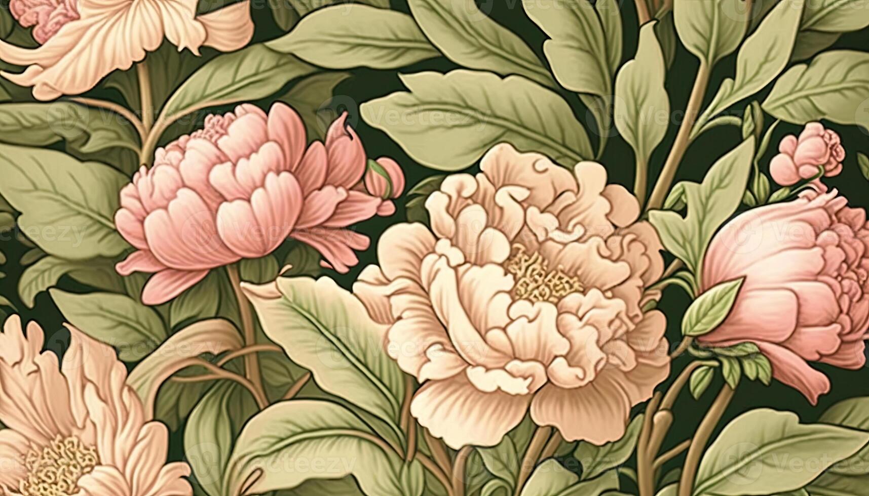 generativo ai, floreale colorato modello. William morris ispirato naturale impianti e rosa peonia fiori sfondo, Vintage ▾ illustrazione. fogliame ornamento. foto
