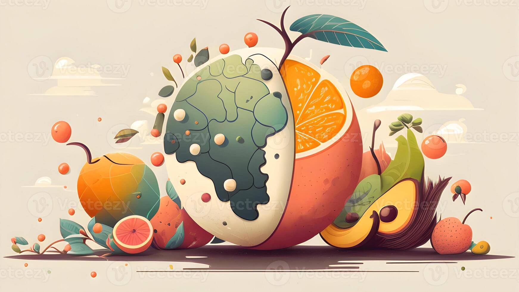 naturale illustrazione design di frutta insalata con anguria, verde foglie, e alberi. generativo ai. foto