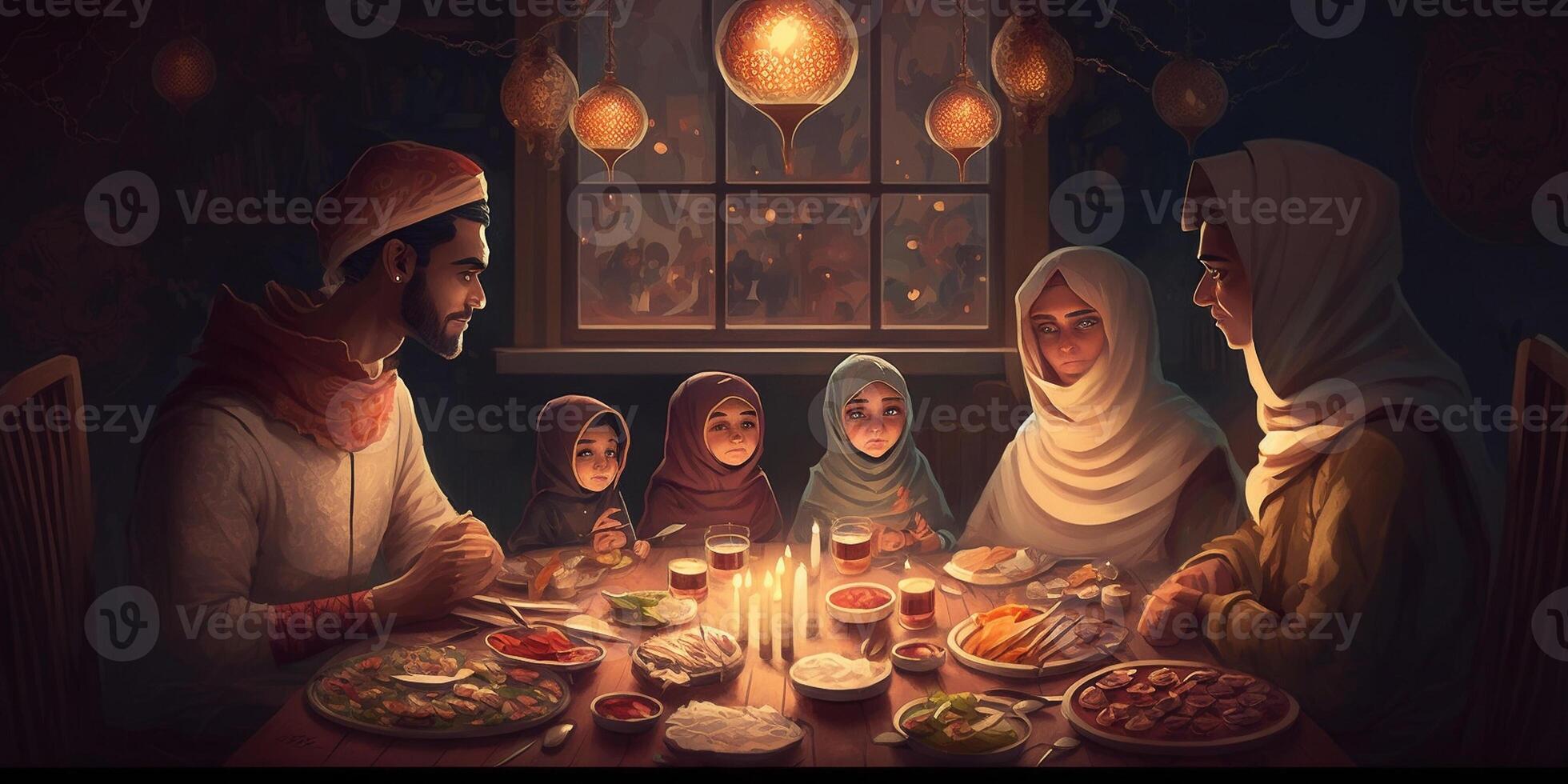 caldo e solidarieta a iftar, famiglia ritratto, ai generato foto