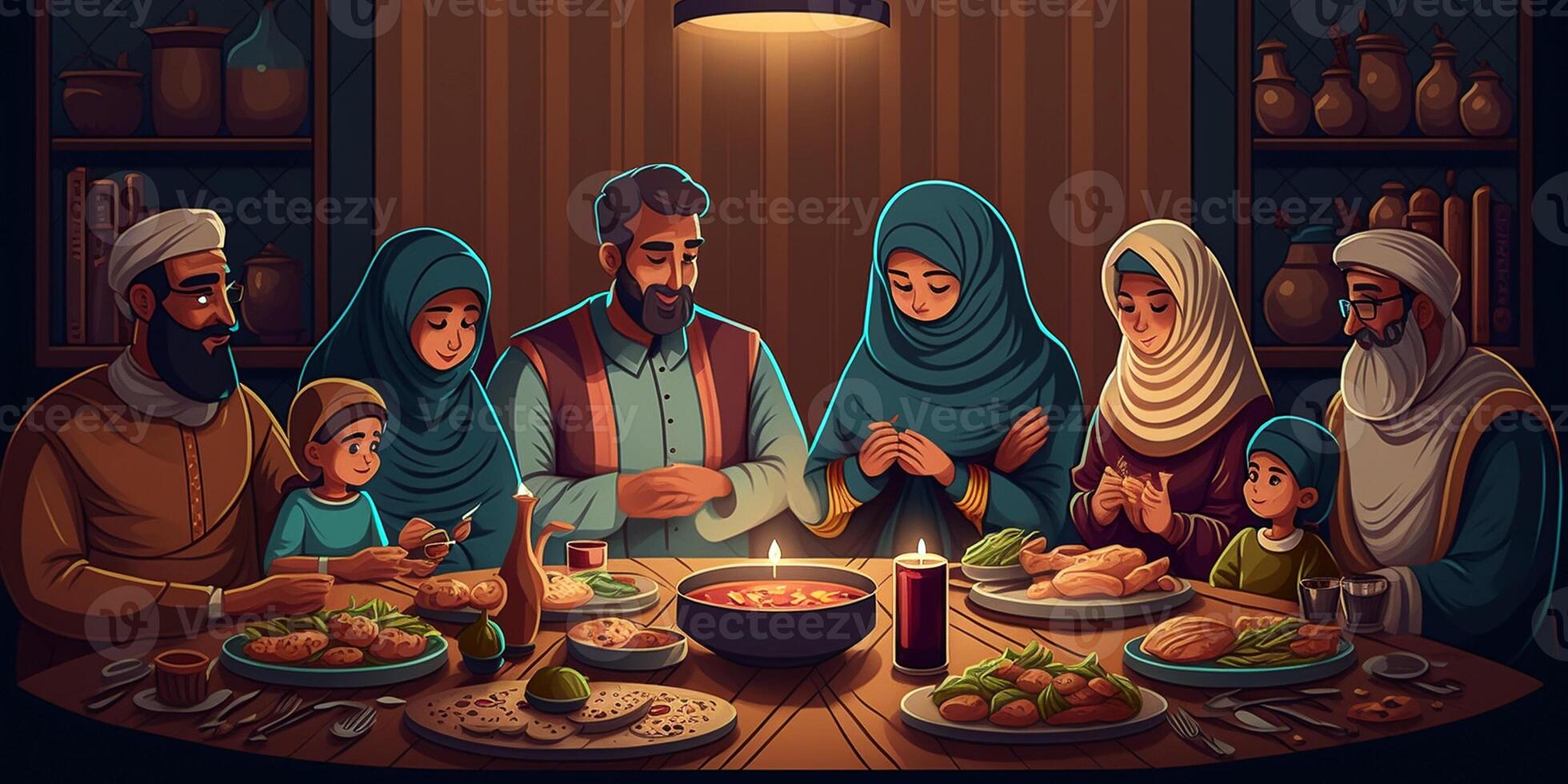 caldo e solidarieta a iftar, famiglia ritratto, ai generato foto