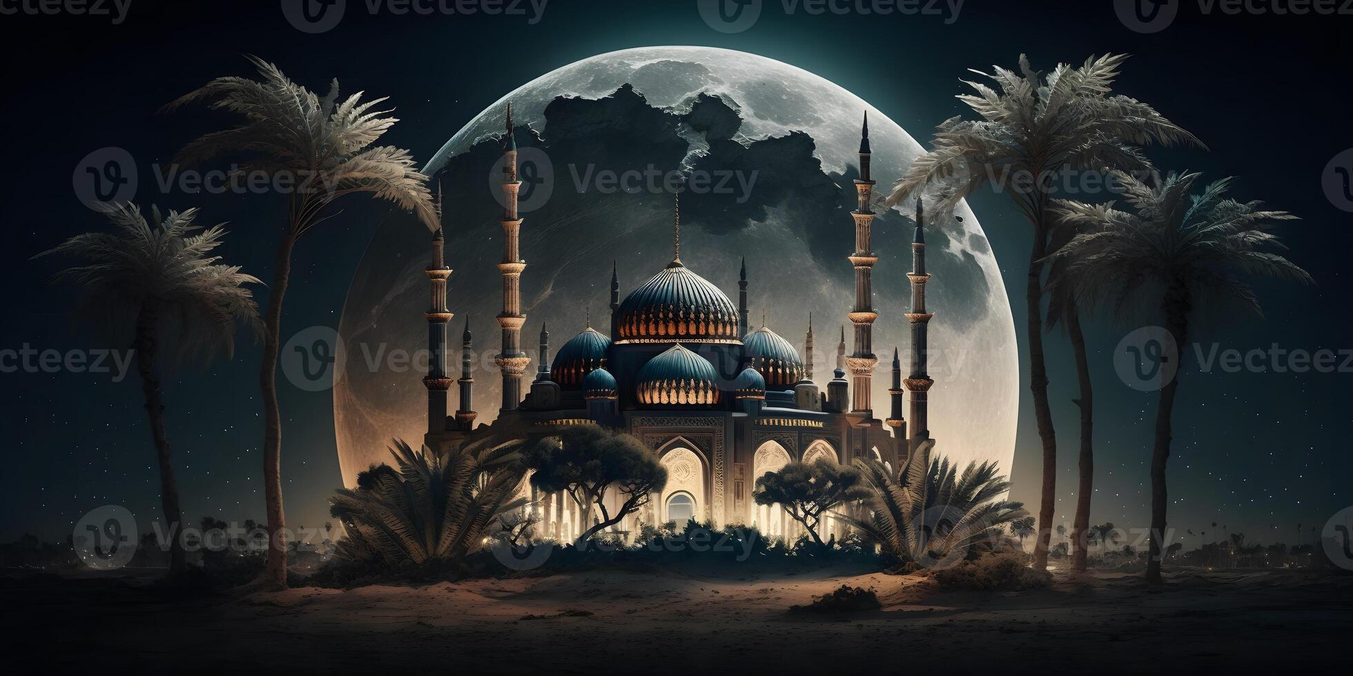 magnifico moschea illuminato di chiaro di luna durante pieno Luna, ai generato foto