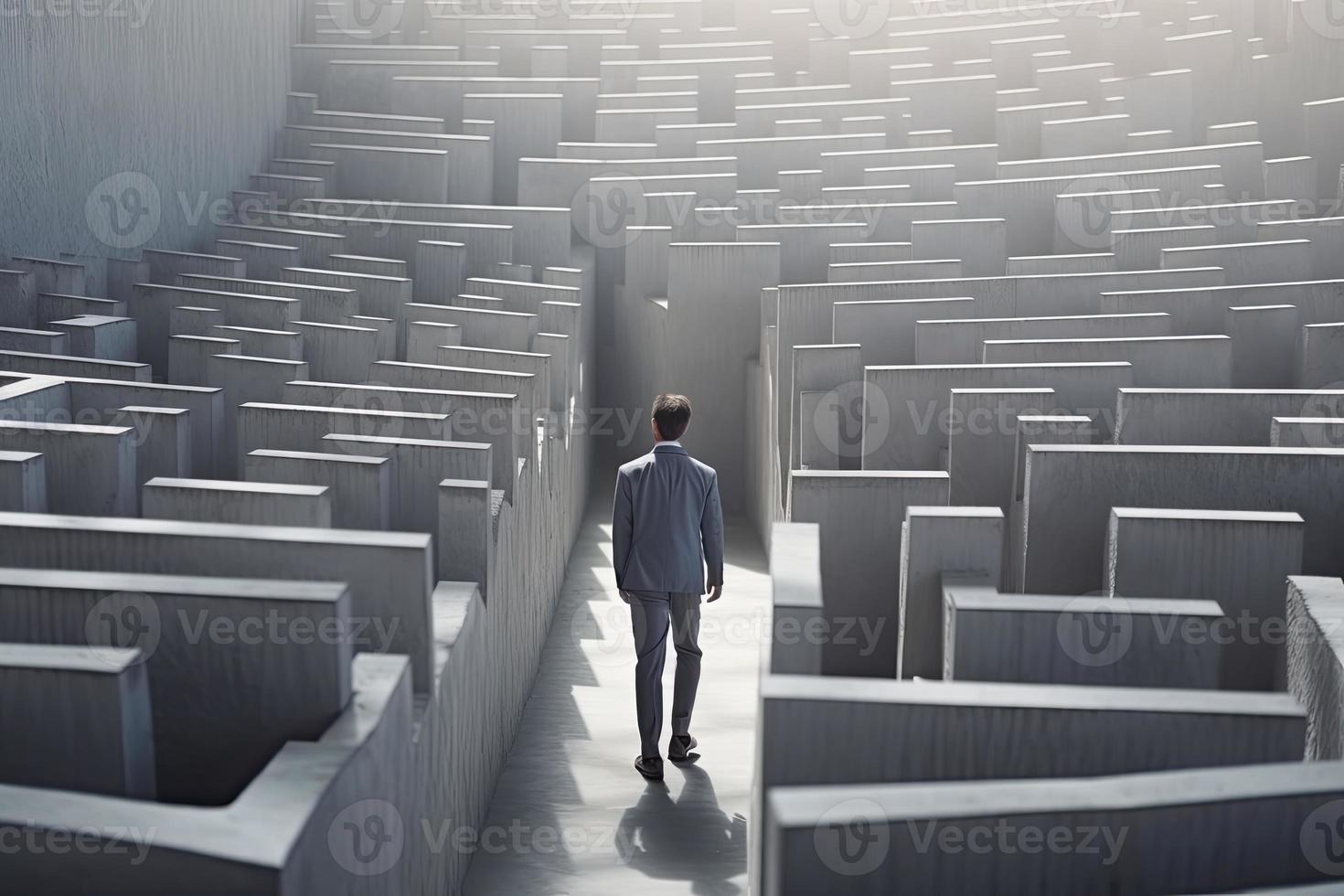 uomo d'affari a piedi nel labirinto cemento parete per successo modo e scoperta soluzione foto