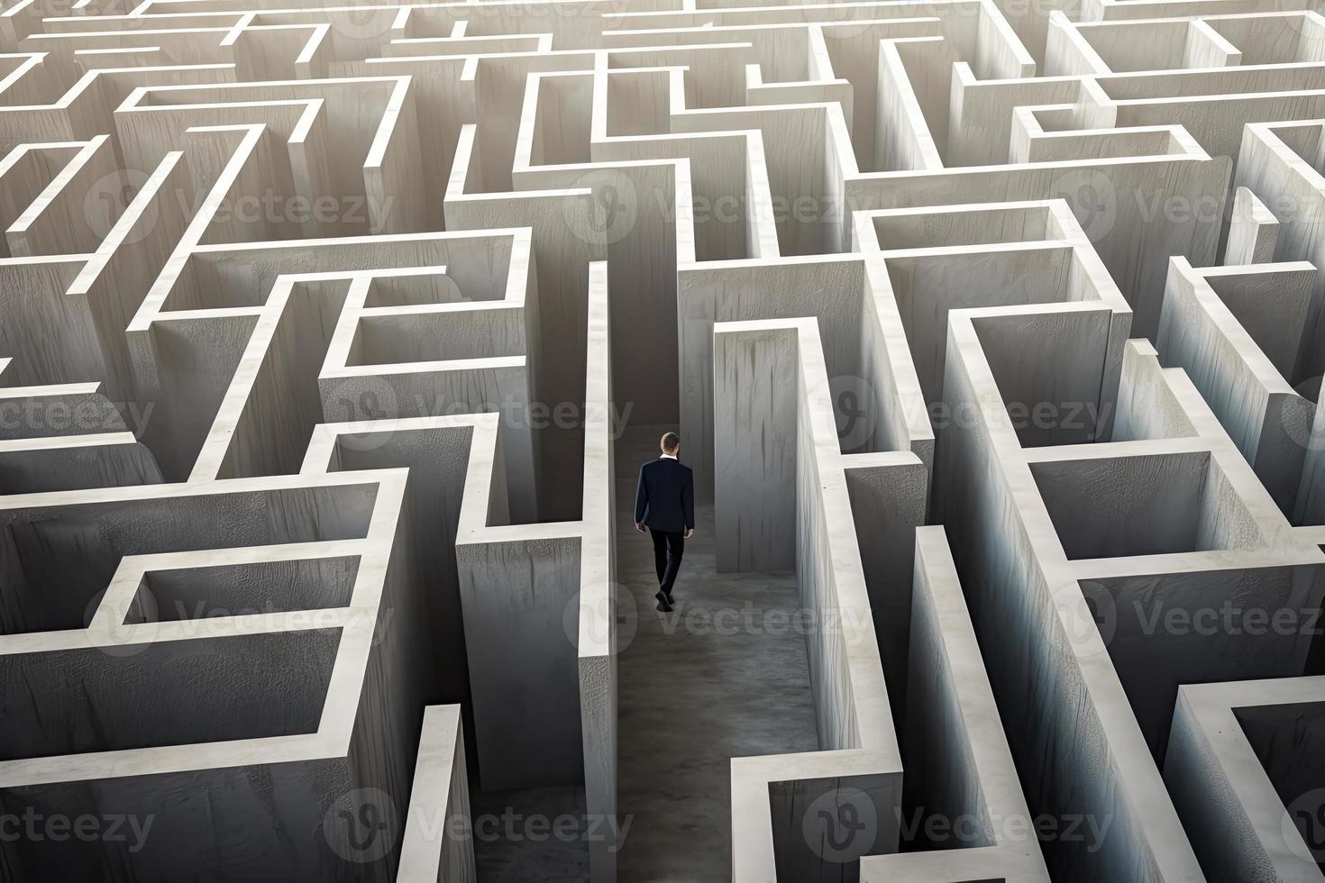 uomo d'affari a piedi nel labirinto cemento parete per successo modo e scoperta soluzione foto