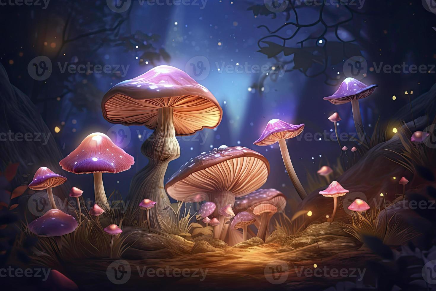 magico fantasia funghi nel incantata Fata racconto sognante elfo foresta con favoloso fiaba fioritura rosa rosa fiore e farfalla su misterioso sfondo, brillante raggiante stelle e Luna raggi nel notte foto