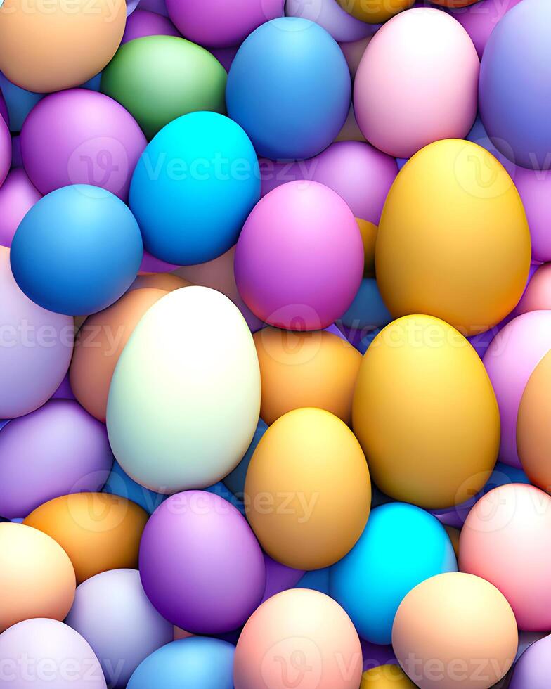 ai generato, Pasqua uova nel diverso colori, uno bianca uovo, rosa, giallo, blu, alto Visualizza, coloritamente uova, multicolore, vacanza sfondo foto