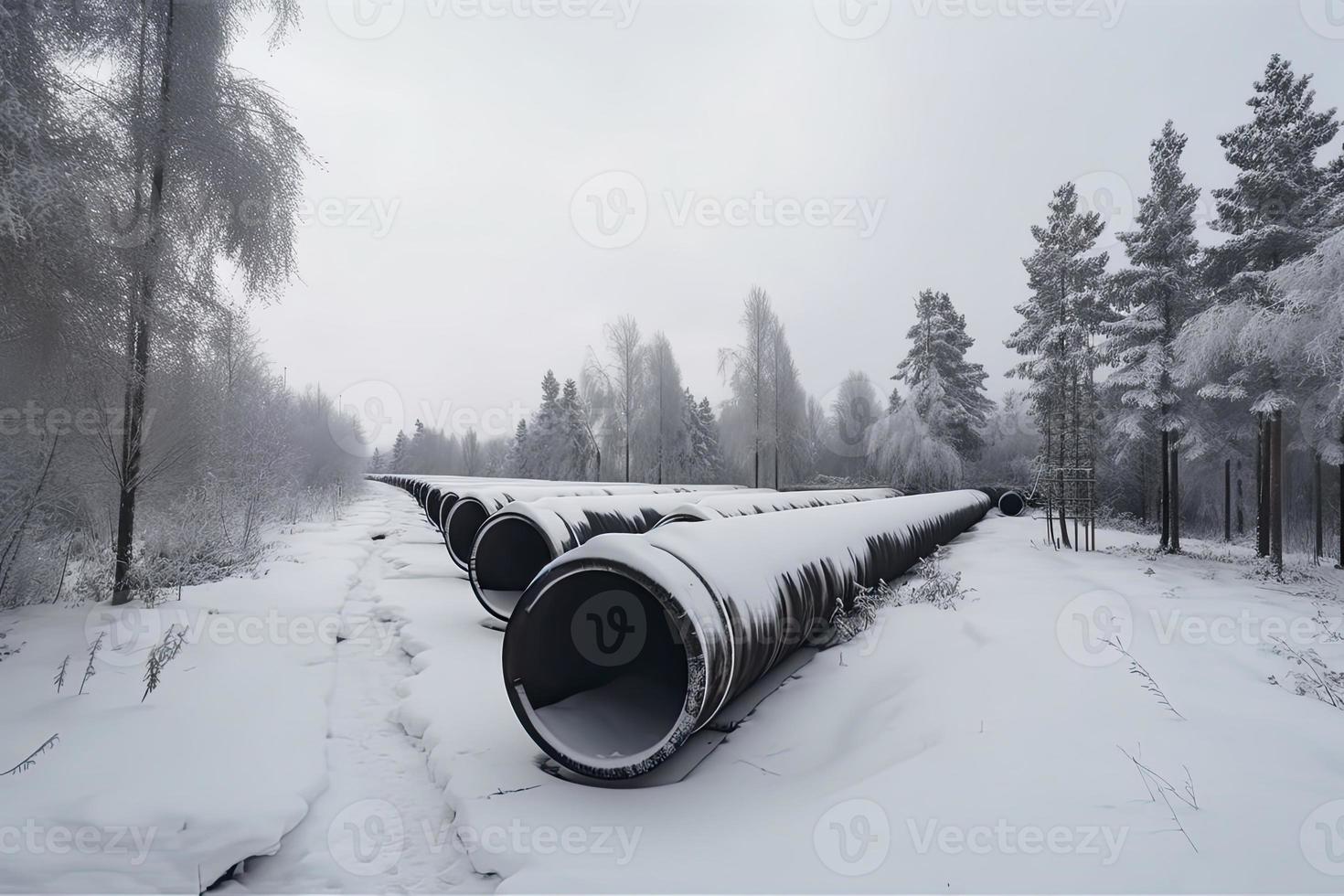 enorme industriale condutture di centrale riscaldamento sistema. neve su tubi foto