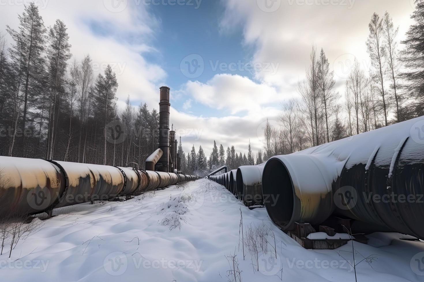 enorme industriale condutture di centrale riscaldamento sistema. neve su tubi foto