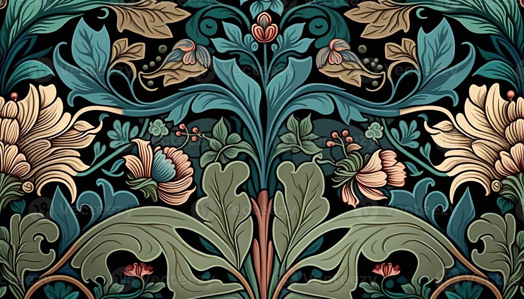 generativo ai, floreale colorato modello. William morris ispirato naturale impianti e fiori sfondo, Vintage ▾ illustrazione. fogliame ornamento. foto