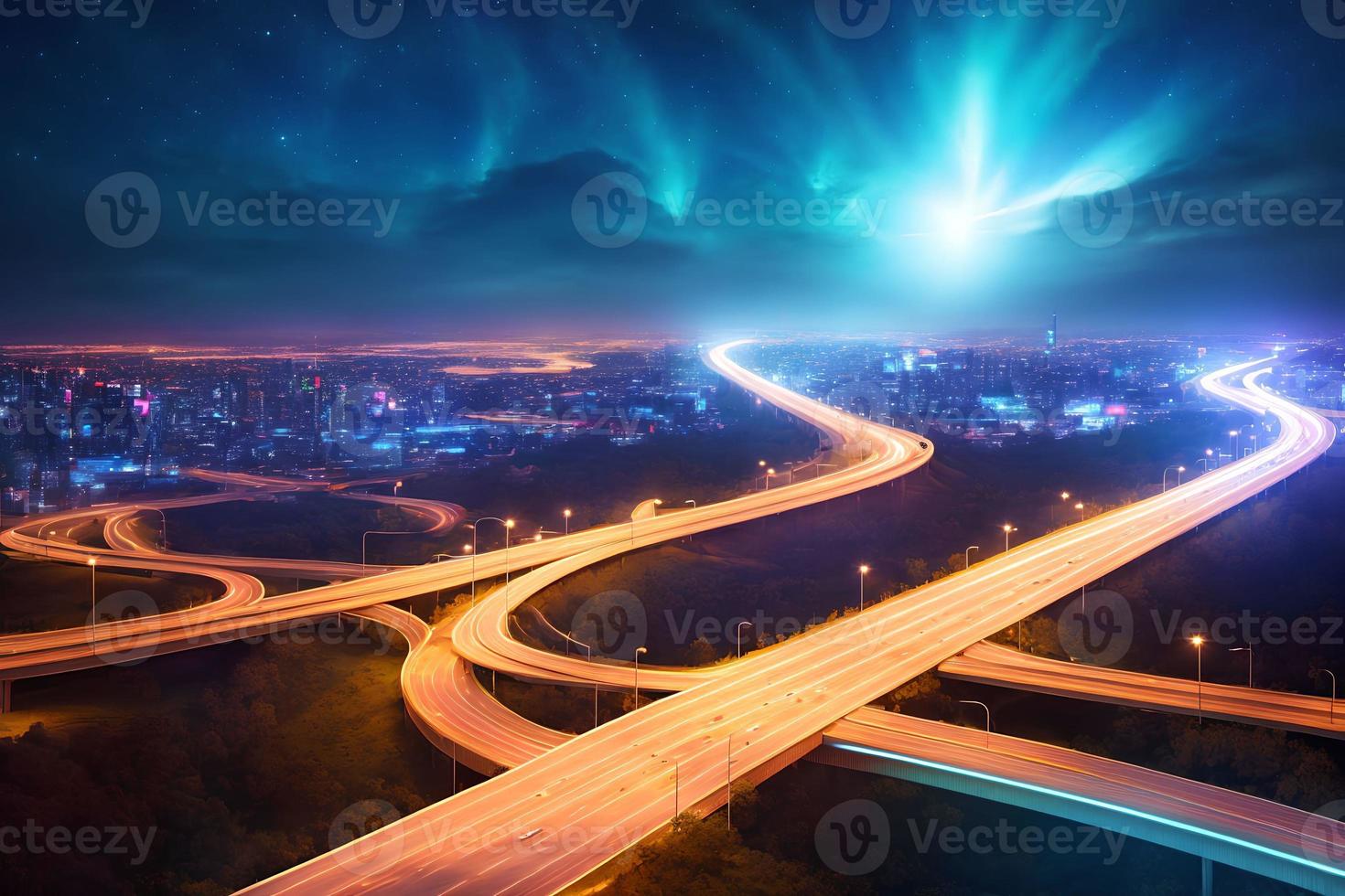 futuristico moderno futuro città con autostrada strada a notte, generativo arte di ai foto