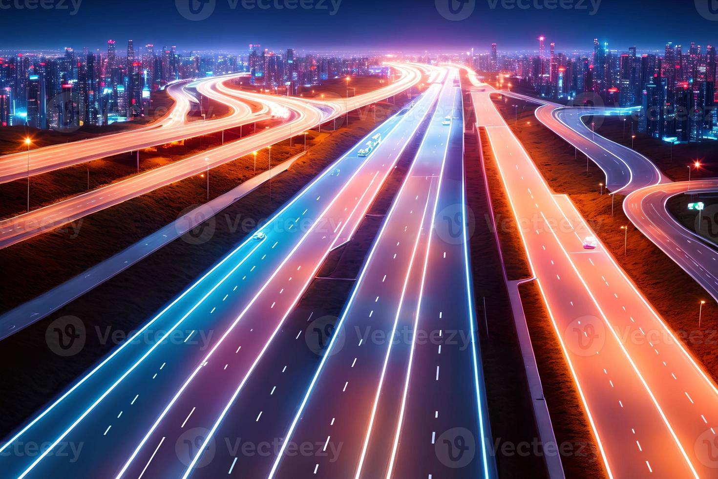 futuristico moderno futuro città con autostrada strada a notte, generativo arte di ai foto