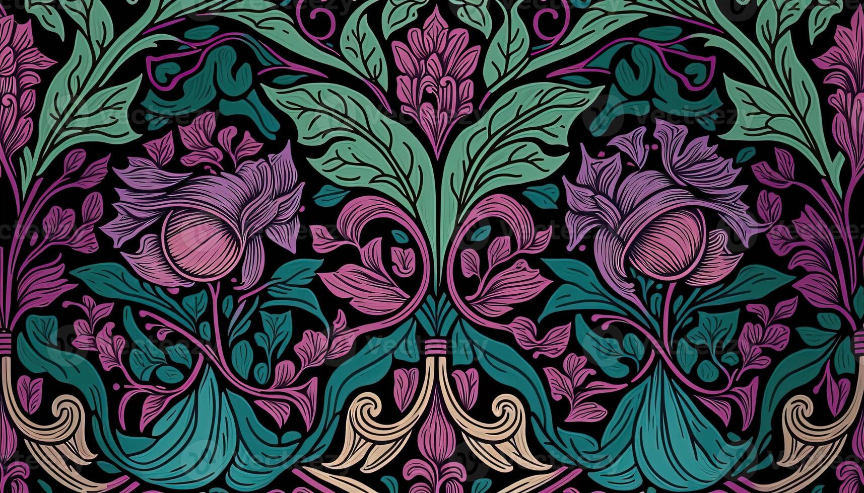 generativo ai, floreale modello. William morris ispirato naturale impianti e Viva magenta fiori sfondo, Vintage ▾ illustrazione. fogliame ornamento. foto