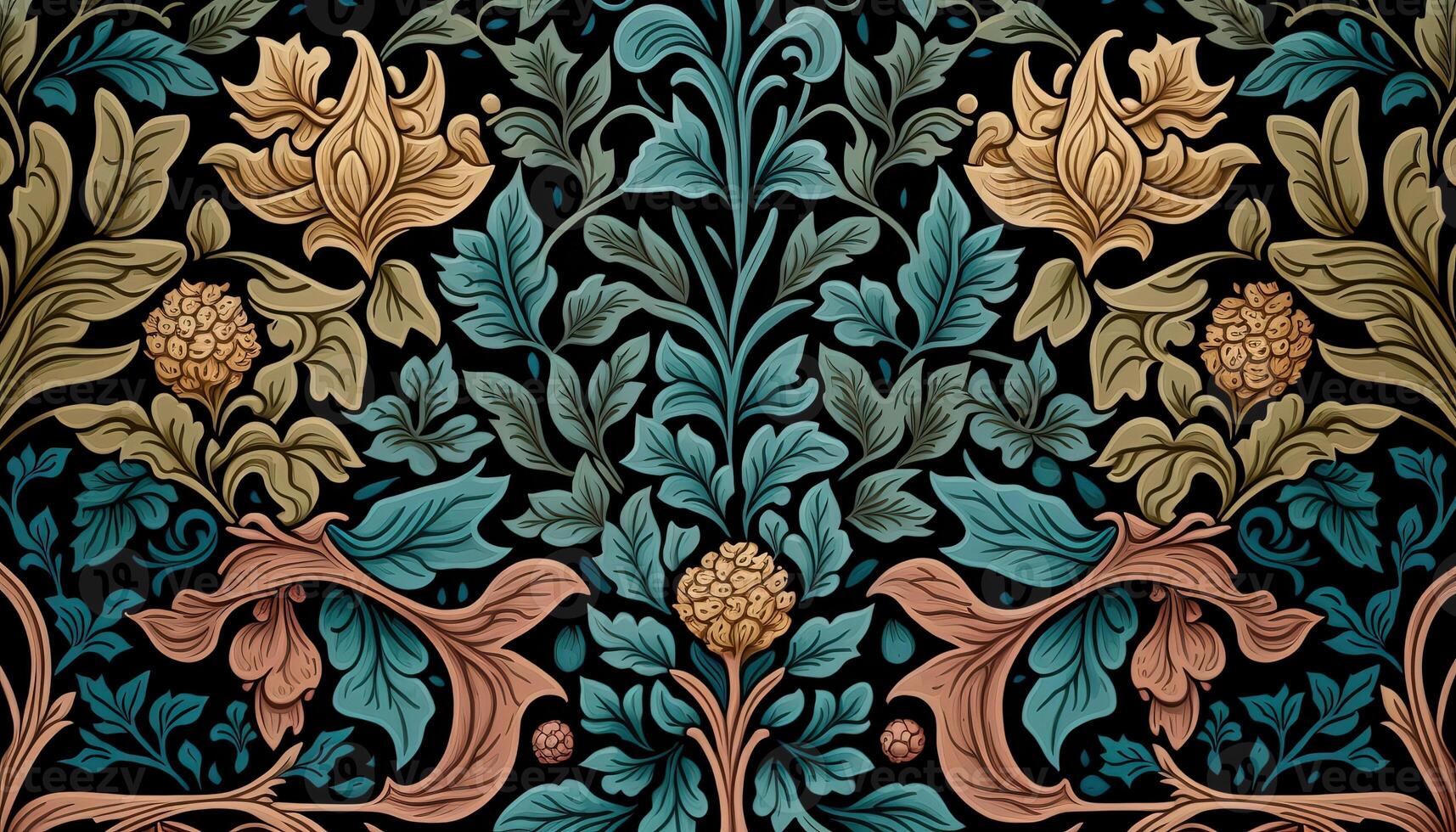 generativo ai, floreale colorato modello. William morris ispirato naturale impianti e fiori sfondo, Vintage ▾ illustrazione. fogliame ornamento. foto