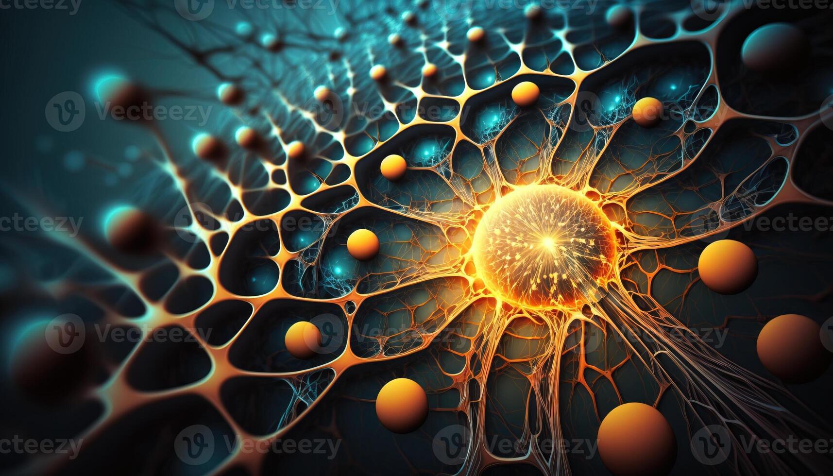 generativo ai, concettuale illustrazione di neurone cellule con raggiante collegamento nodi nel astratto buio spazio, alto risoluzione. umano nervoso sistema, neurale Rete foto