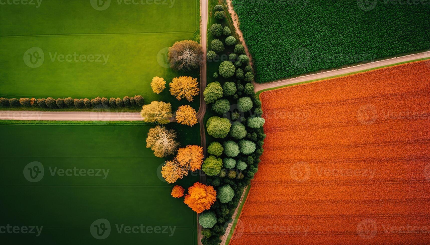 generativo ai, azienda agricola paesaggio, agricolo campi, bellissimo campagna, nazione strada. natura illustrazione, fotorealistico superiore Visualizza drone, orizzontale striscione. foto