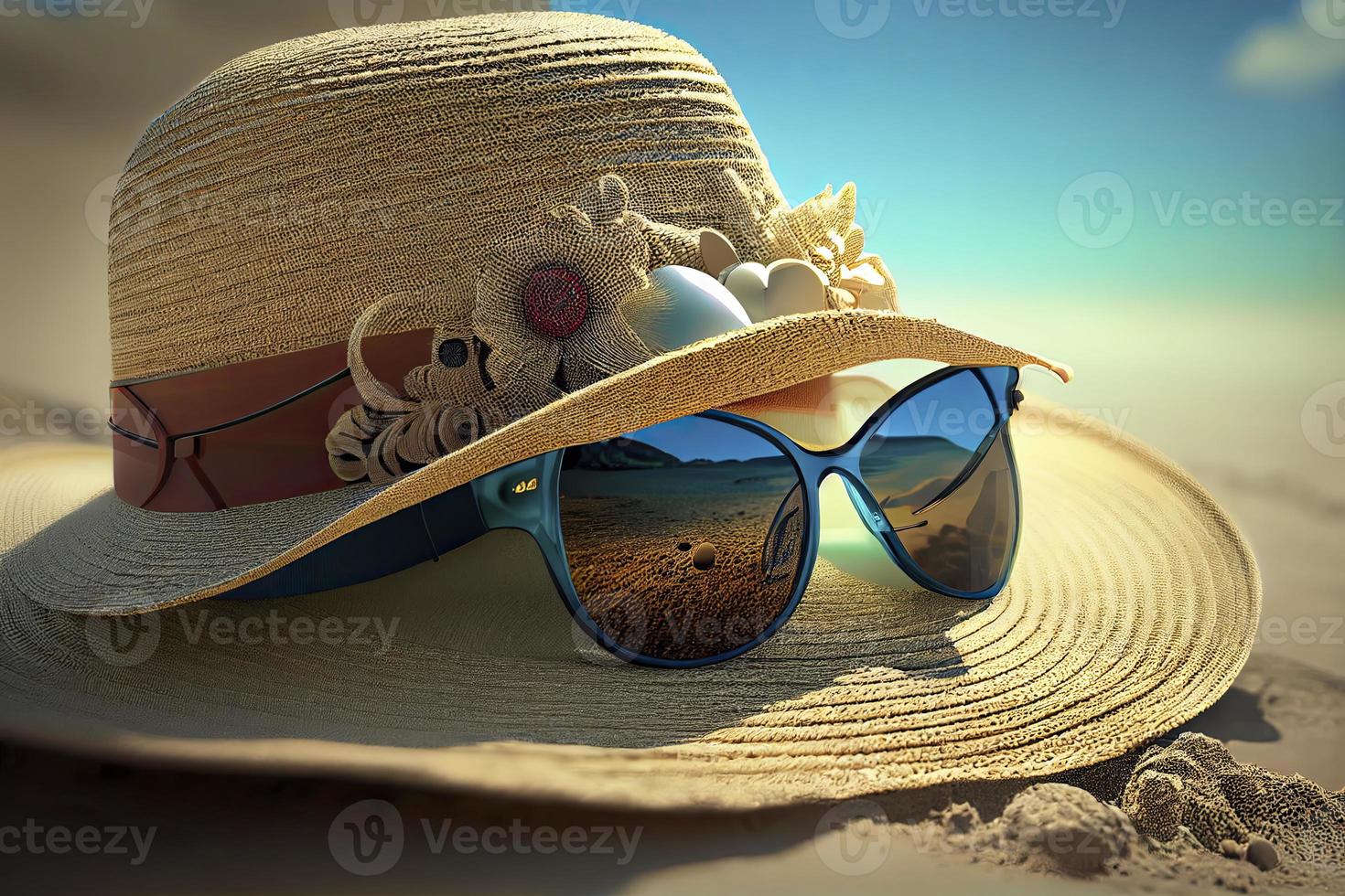 occhiali da sole, cannuccia cappello e spiaggia asciugamano su sabbia foto