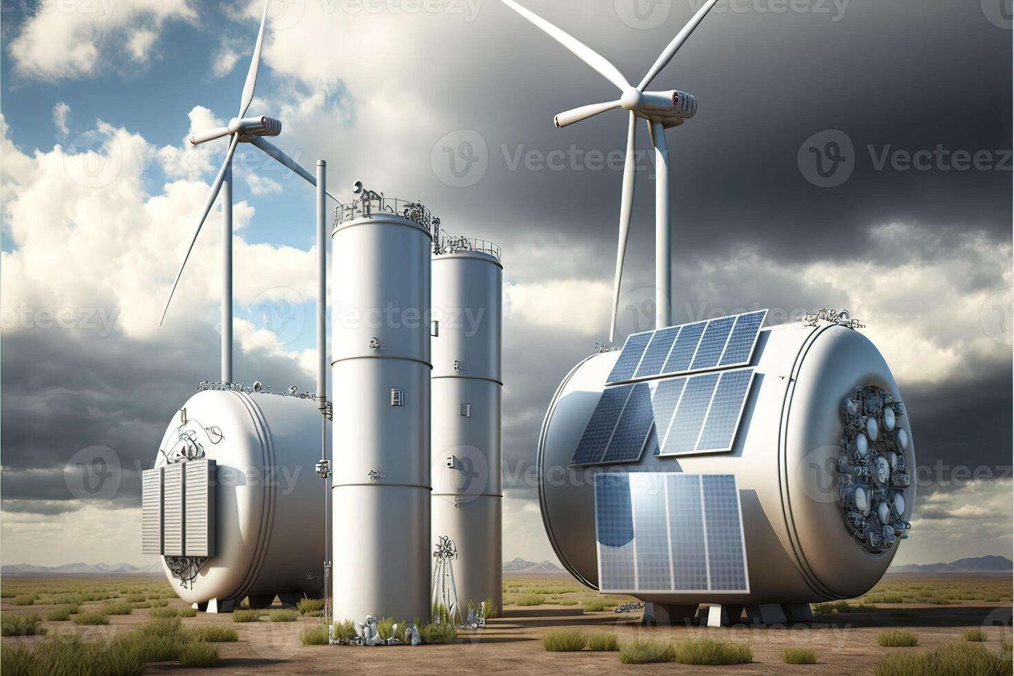 ai generato vento turbine, solare pannelli e idrogeno gas carri armati. rinnovabile energia concetto. foto