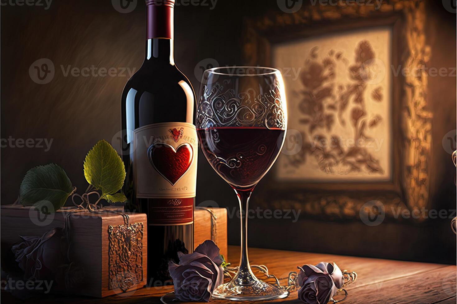 ai generato vino bicchieri e vino bottiglie celebrare San Valentino giorno. foto
