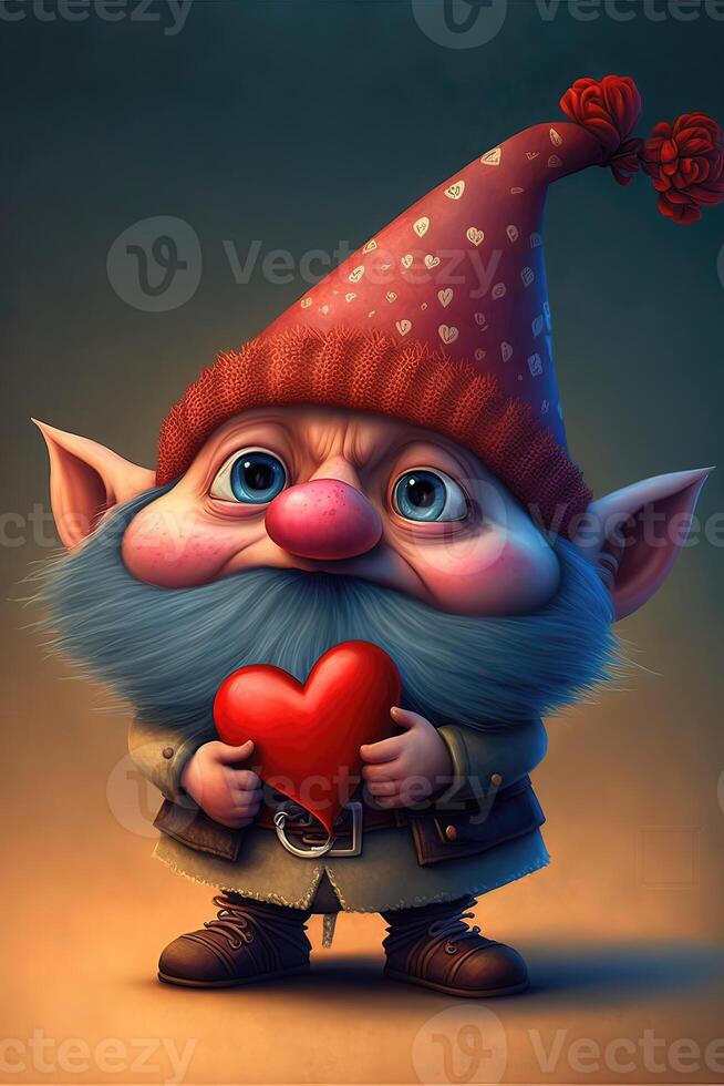 ai generato carino gnomo Tenere un' cuore San Valentino cartone animato. foto