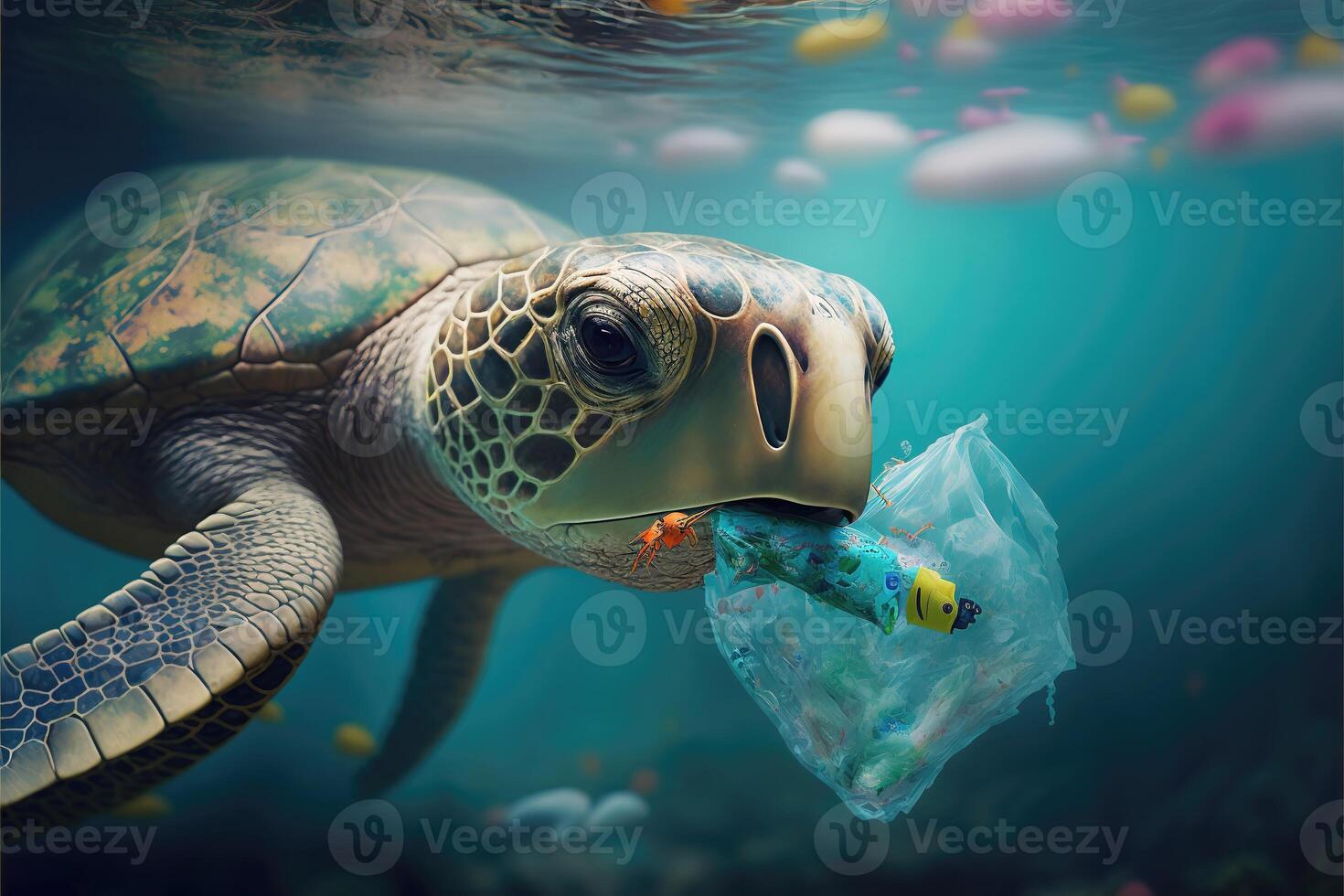 mare tartaruga mangiare plastica sotto il mare. ai generato foto