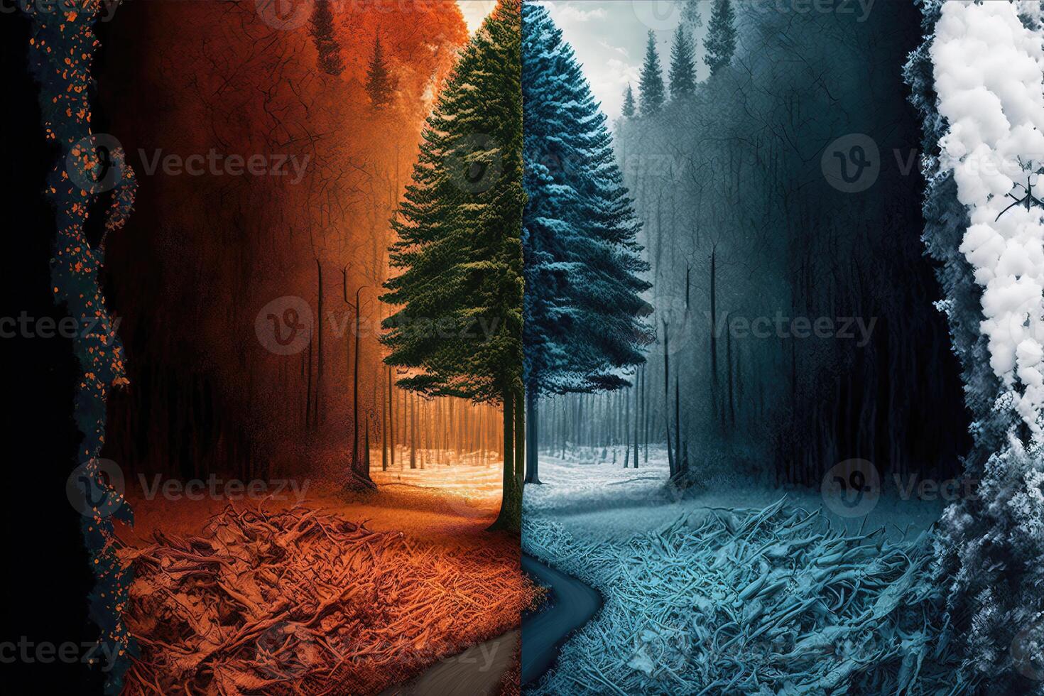 estate vs inverno stagione nel il foresta. ai generato foto