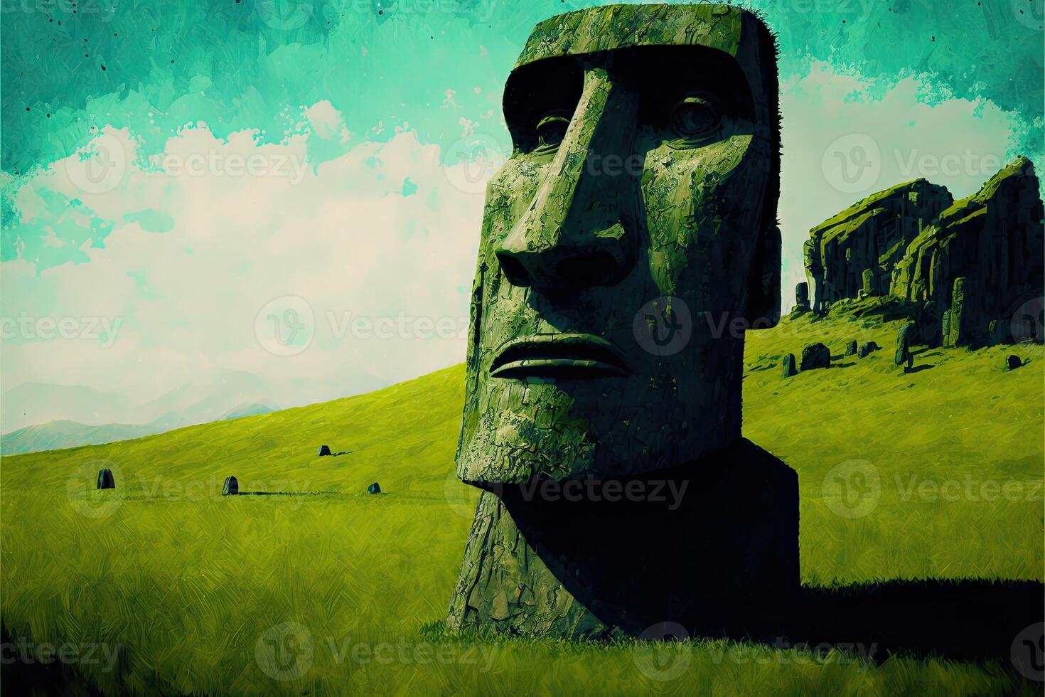 ai generato grande moai coperto con verde erba torreggiato nel davanti di il viaggiatore. digitale arte stile. foto