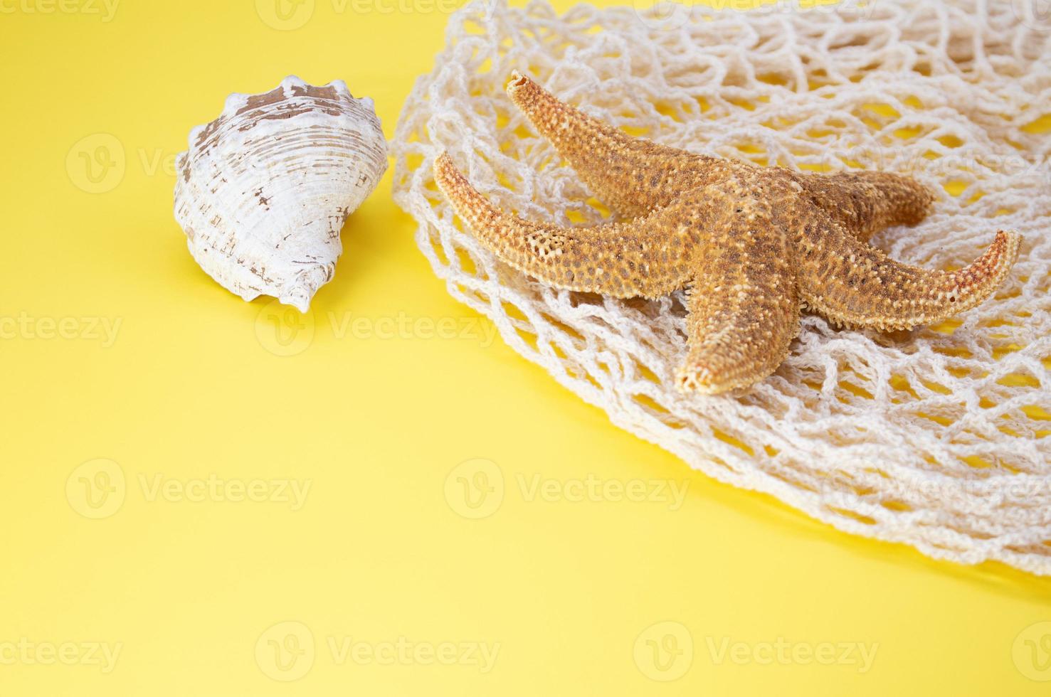 stella marina, conchiglie con Borsa corda Borsa su giallo sfondo. concetto di estate, vacanza, viaggio. copia spazio foto