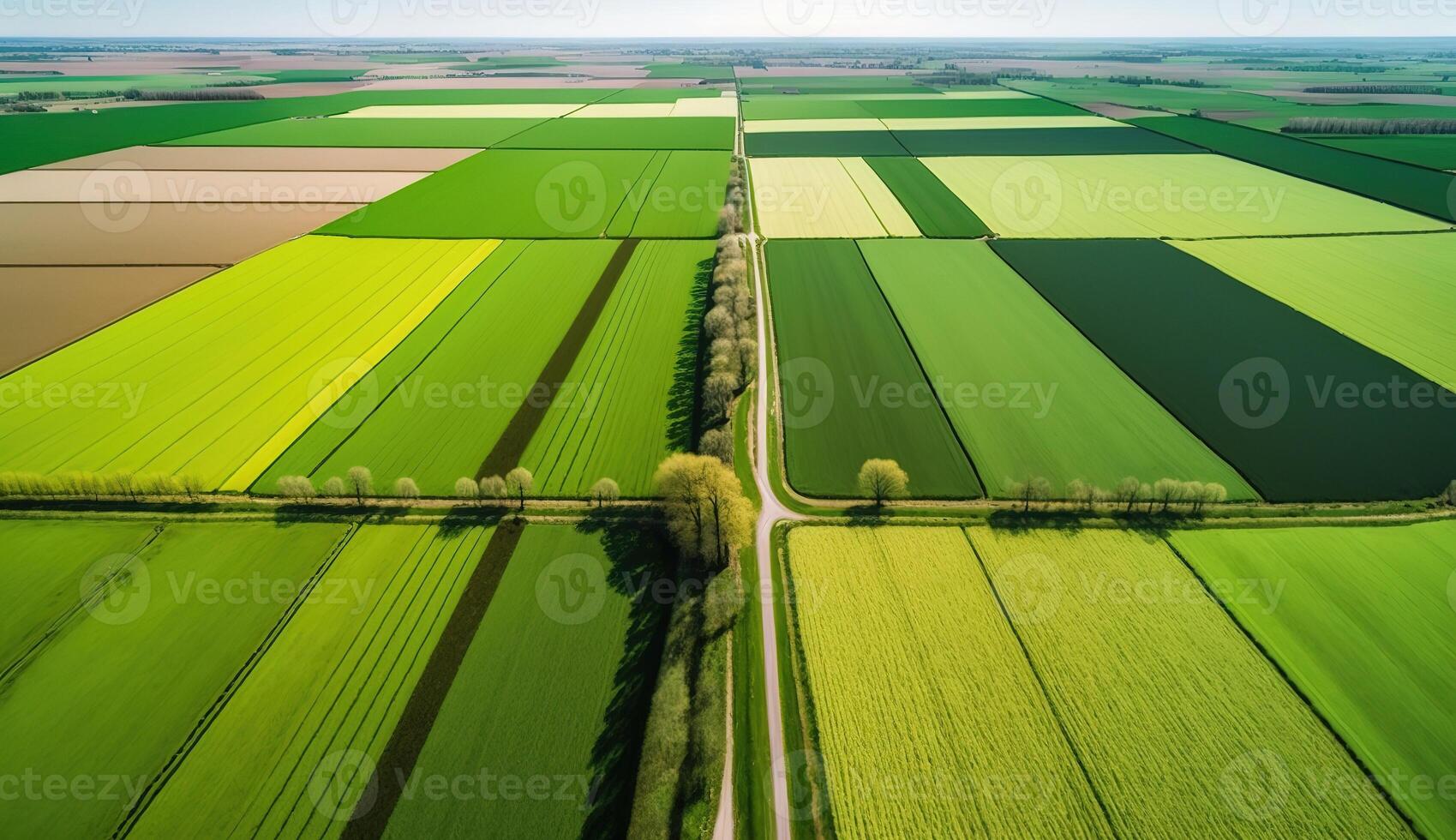 generativo ai, azienda agricola paesaggio, agricolo campi, bellissimo campagna, nazione strada. natura illustrazione, fotorealistico superiore Visualizza drone, orizzontale striscione. foto