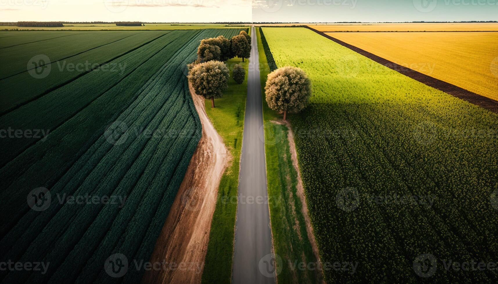 generativo ai, azienda agricola paesaggio, agricolo campi, bellissimo campagna, nazione strada. natura illustrazione, fotorealistico superiore Visualizza drone, orizzontale striscione. foto