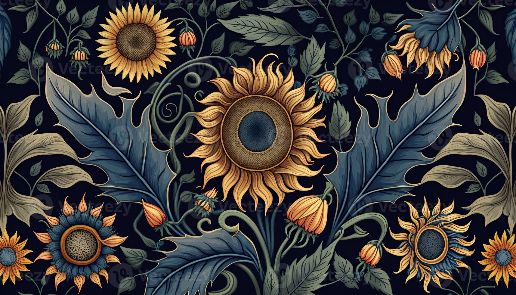 generativo ai, floreale colorato modello. William morris ispirato naturale impianti e girasoli sfondo, Vintage ▾ illustrazione. fogliame ucraino ornamento. foto