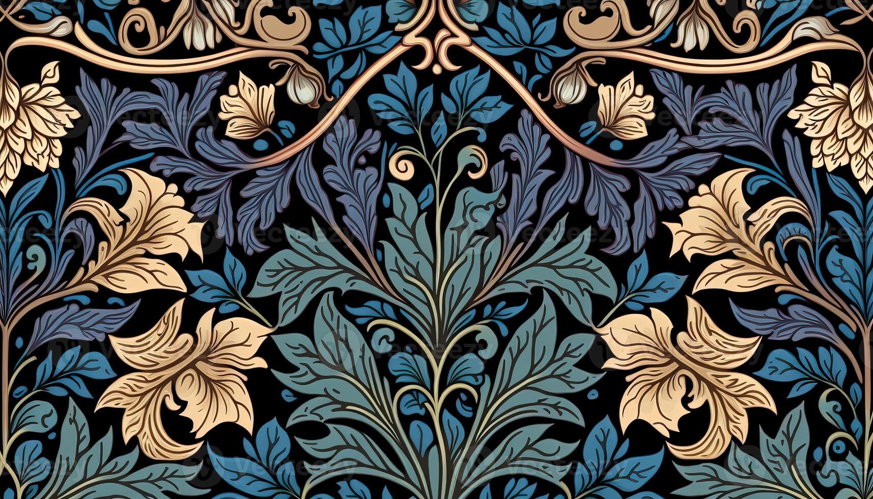 generativo ai, floreale colorato modello. William morris ispirato naturale impianti e fiori sfondo, Vintage ▾ illustrazione. fogliame ornamento. foto