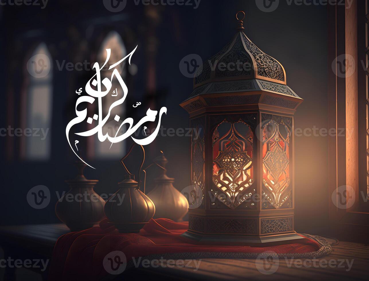 Arabo lanterna nel moschea con Ramadan Arabo calligrafia, ai generato foto