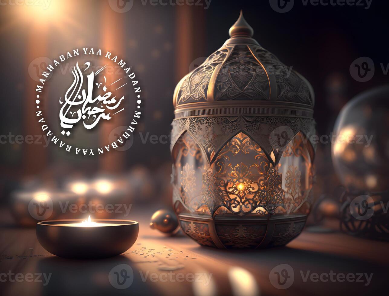 Arabo lanterna nel moschea con Ramadan Arabo calligrafia, ai generato foto