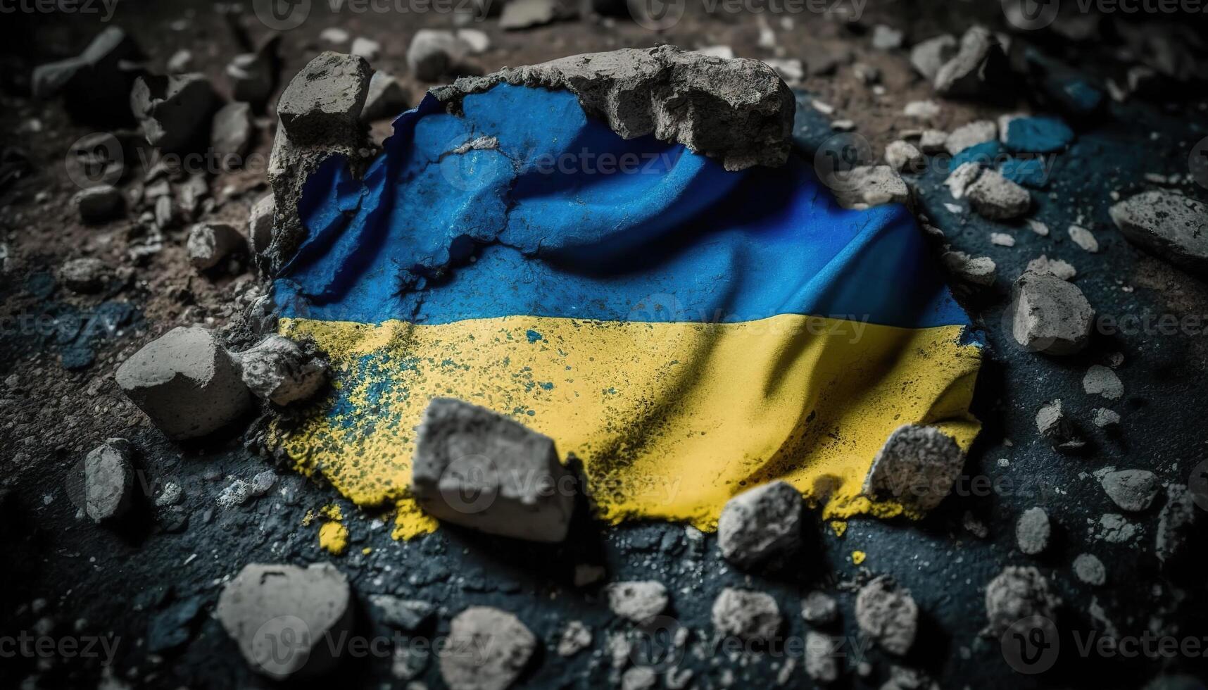 generativo ai, rovinato Ucraina striscione, ucraino bandiera su rotto calcestruzzo, incrinato, in frantumi, macerie terra. no guerra concetto foto