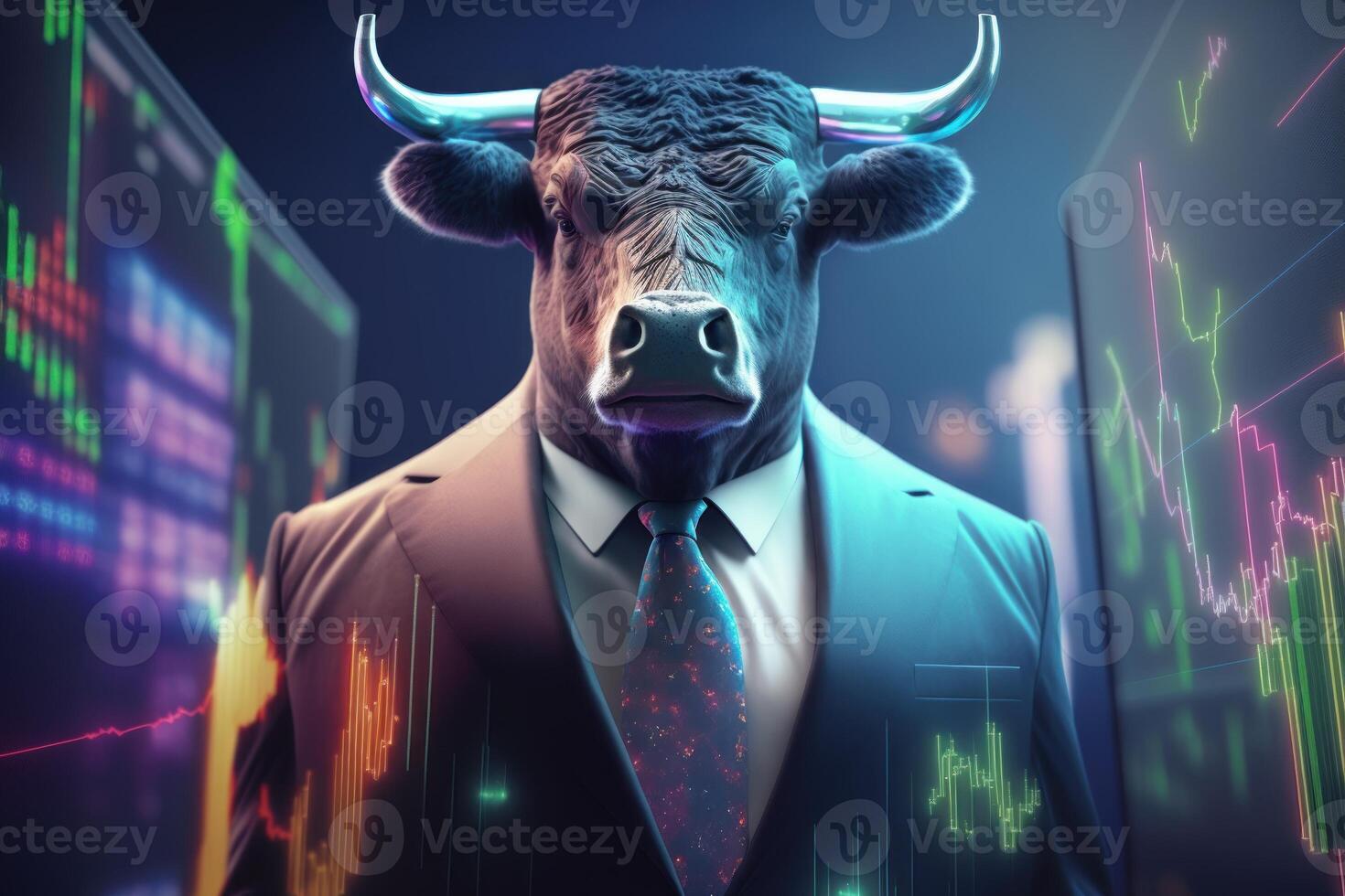 Toro indossare completo da uomo Lavorando con grafico su schermo, rialzista nel azione mercato e crypto moneta. creato generativo ai foto