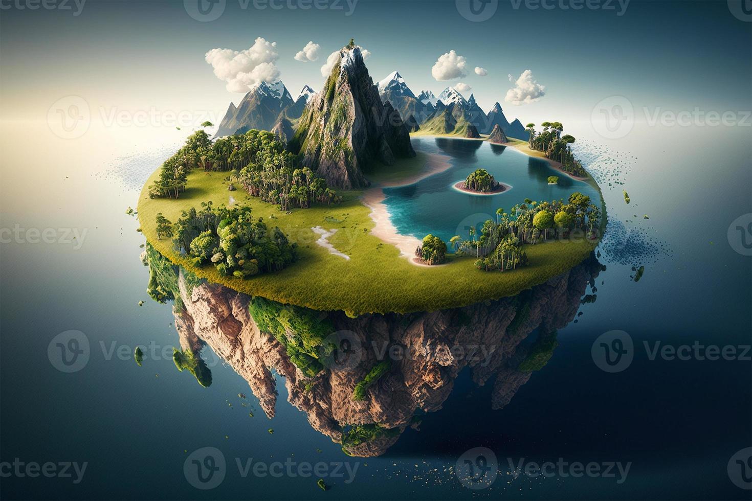 fantasia isola con montagne, lago e isole. realistico manipolazione Immagine ai creare foto