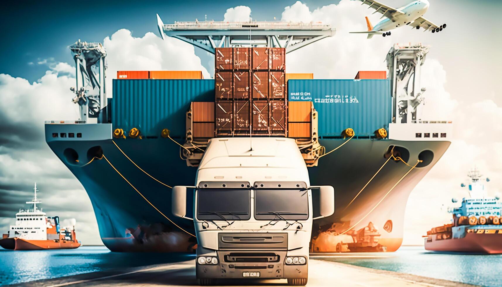 mezzi di trasporto e logistica importare esportare e trasporto industria di camion contenitore carico nave, generativo ai foto