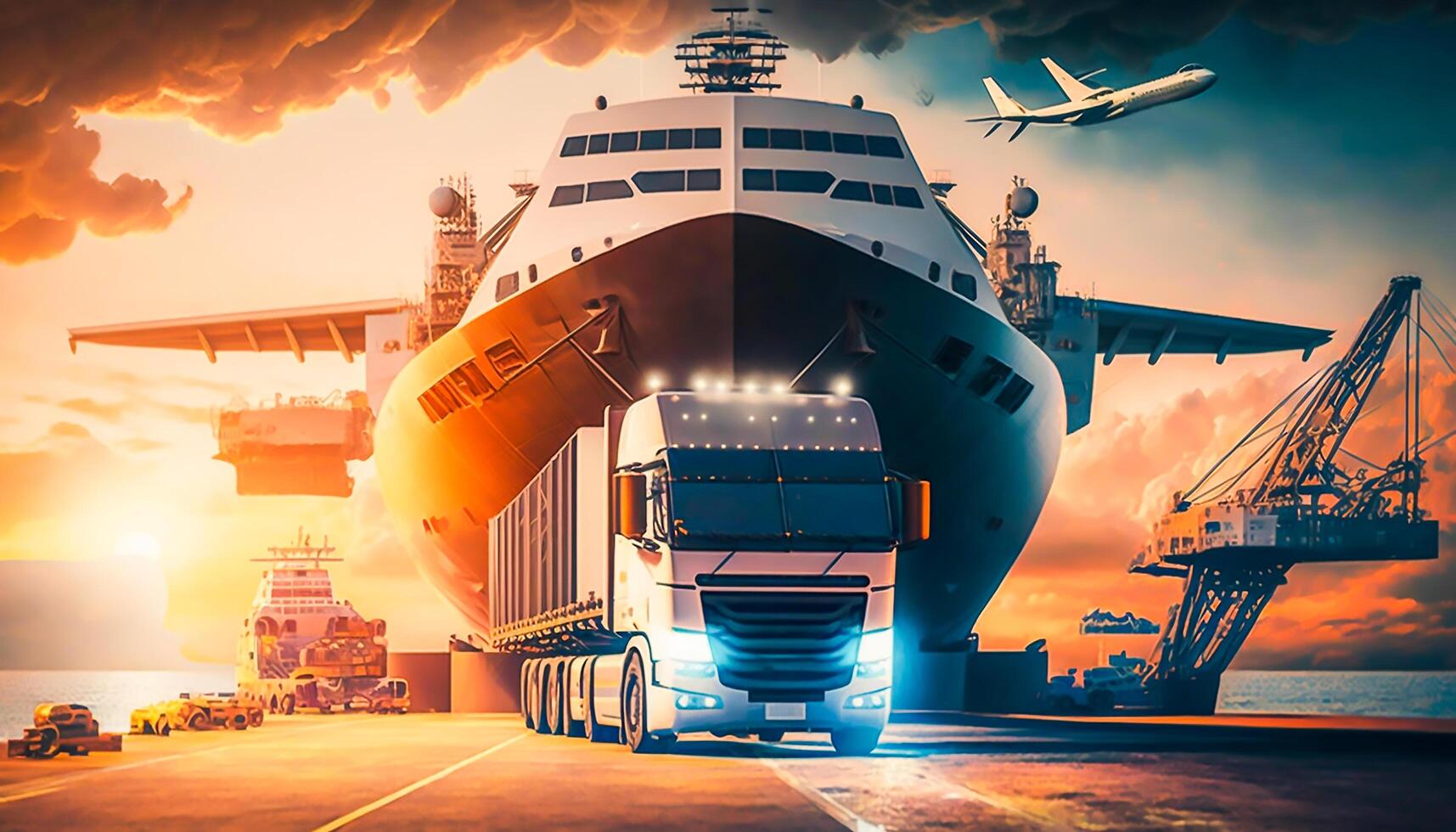 mezzi di trasporto e logistica importare esportare e trasporto industria di camion contenitore carico nave, generativo ai foto