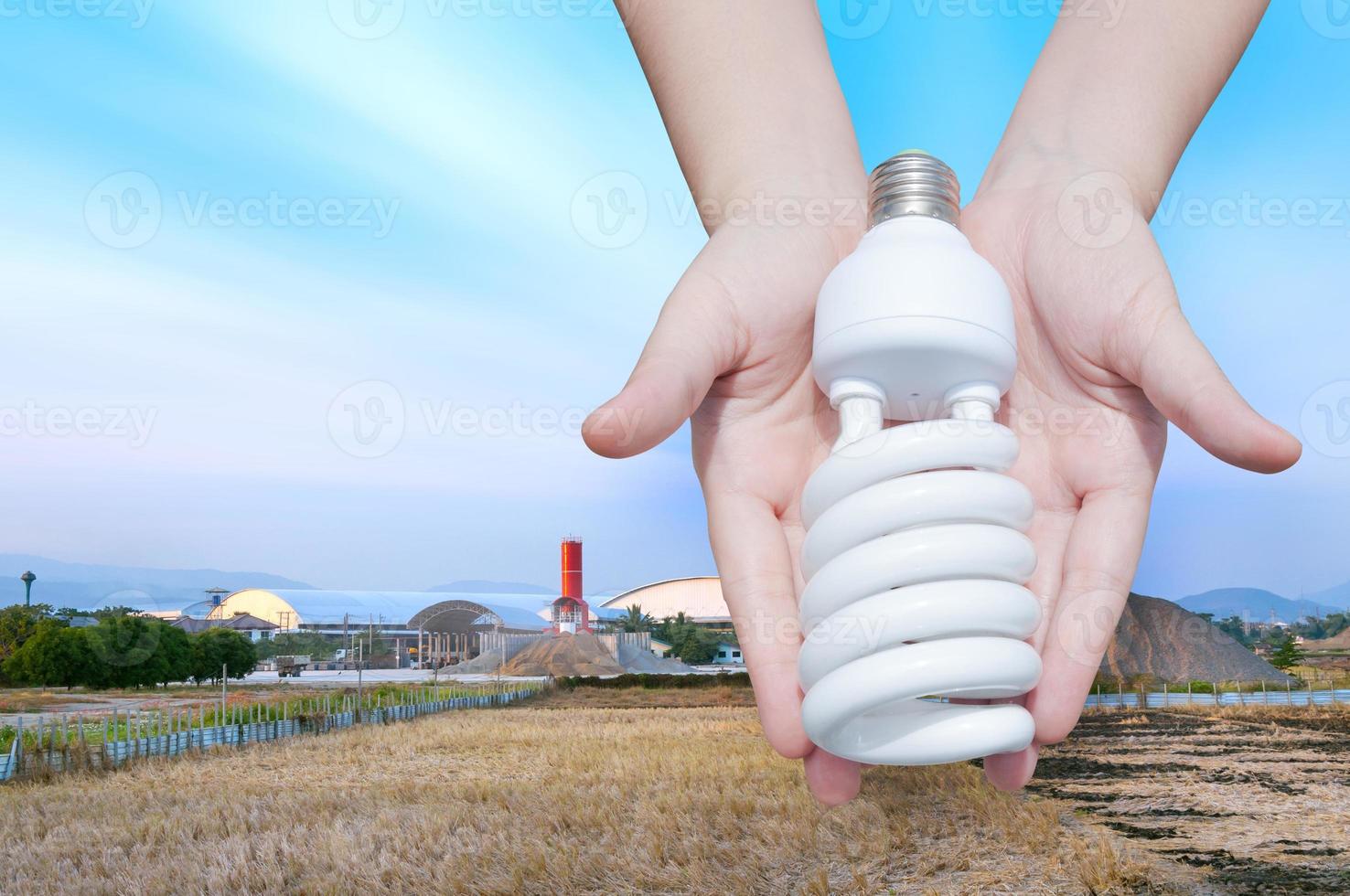 energia Salvataggio concetto, donna mano Tenere leggero lampadina su industria paesaggio sfondo, idee leggero lampadina nel il mano foto