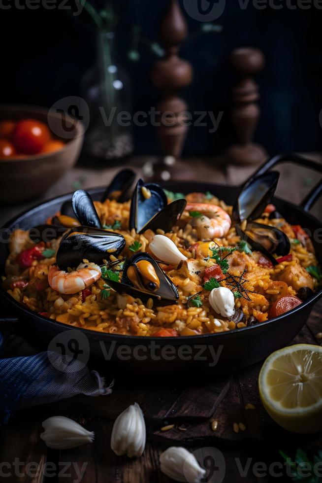 tradizionale spagnolo paella con frutti di mare e pollo foto