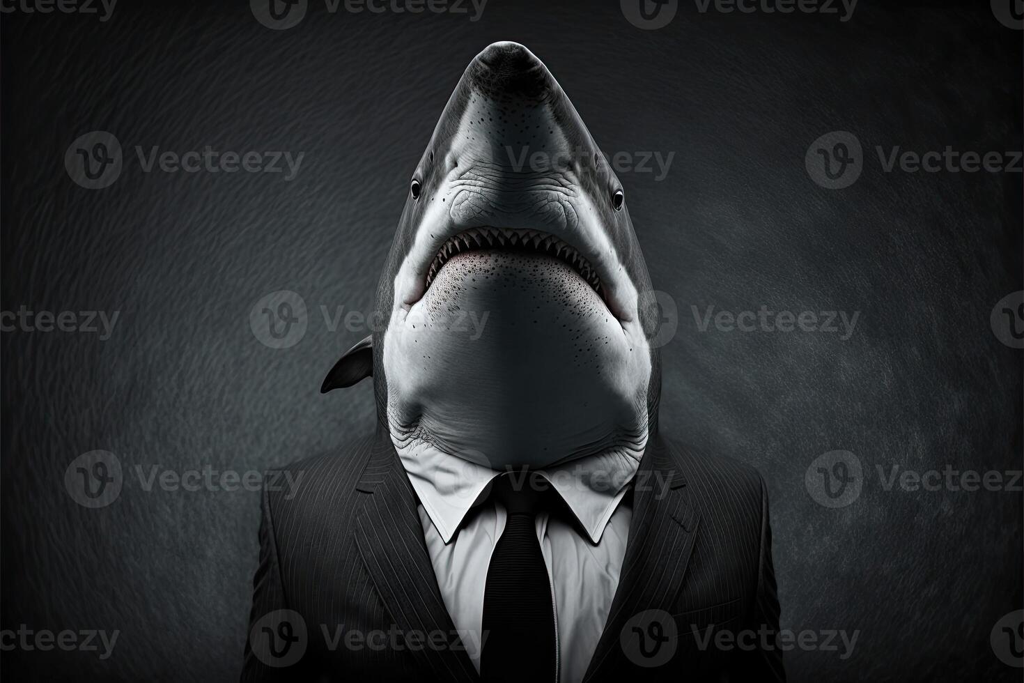 ai generato ritratto di squalo uomo d'affari. animale testa nel attività commerciale completo da uomo. foto