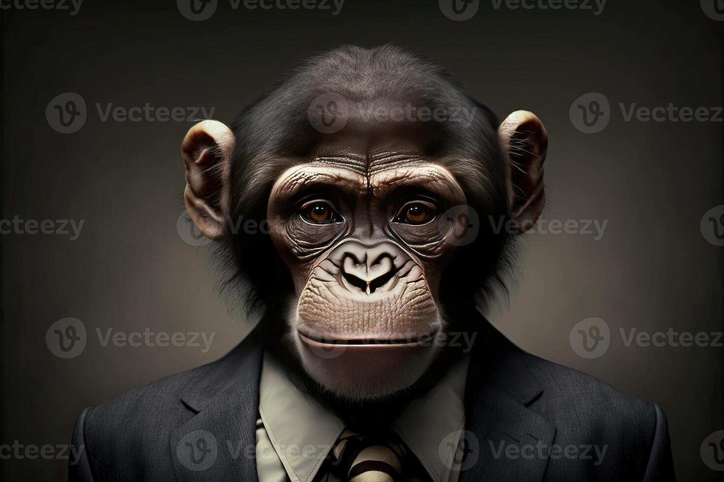 ai generato ritratto di scimmia uomo d'affari. animale testa nel attività commerciale completo da uomo. foto