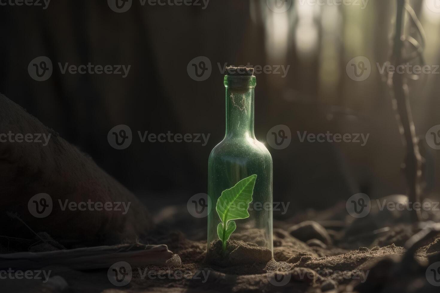 un' singolo verde piantina nel un' bicchiere bottiglia su un apocalittico asciutto terra creato con generativo ai tecnologia. foto