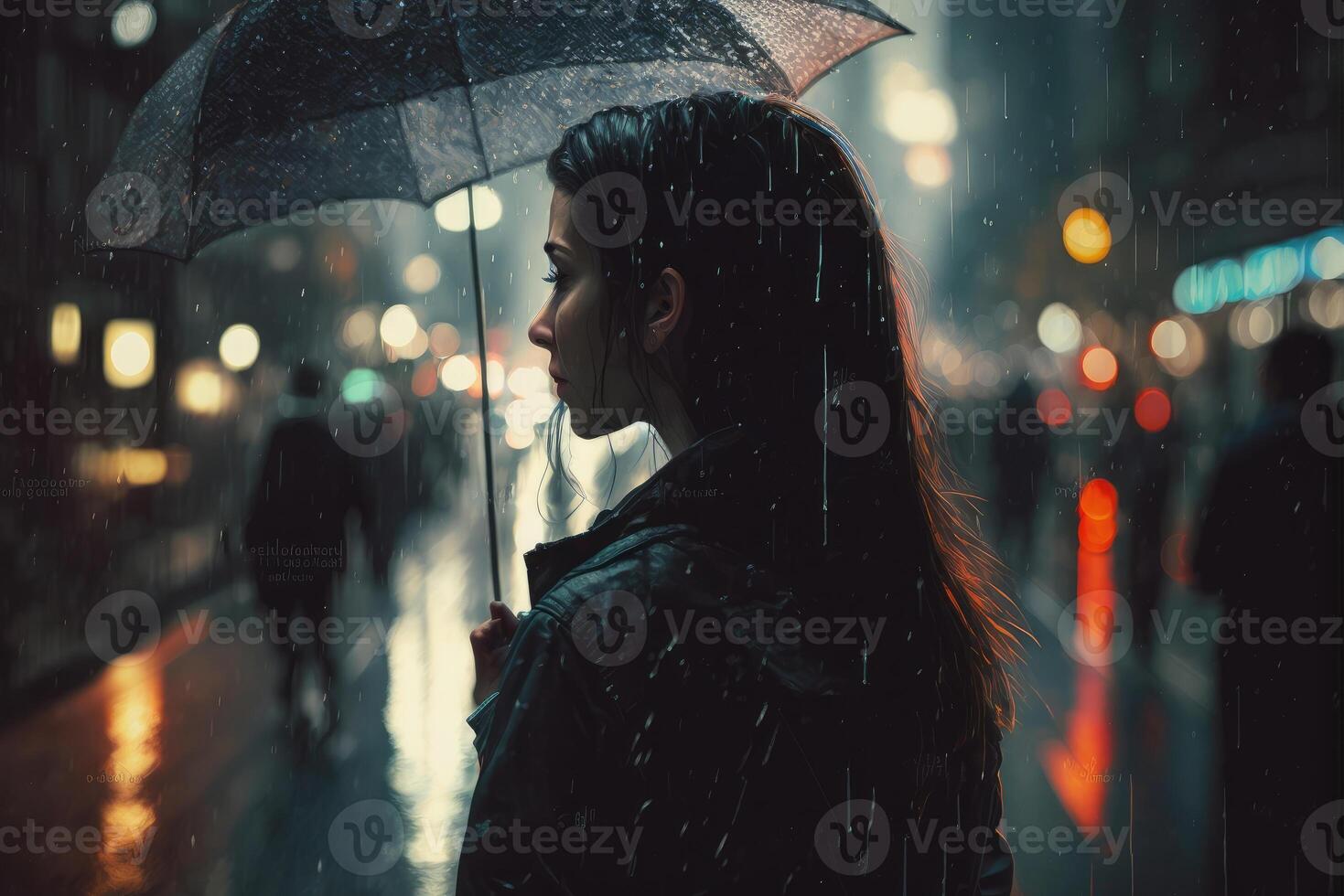 un' giovane donna con un ombrello passeggiate nel un' moderno città a notte e pesante pioggia creato con generativo ai tecnologia. foto