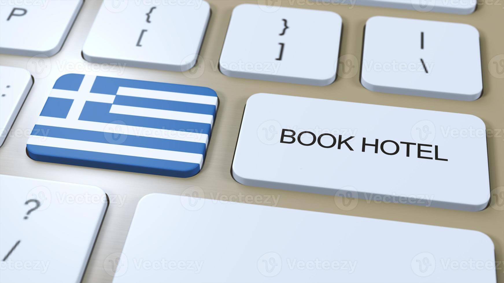 libro Hotel nel Grecia con sito web in linea. pulsante su computer tastiera del computer. viaggio concetto 3d animazione. libro Hotel testo e nazionale bandiera. 3d illustrazione foto