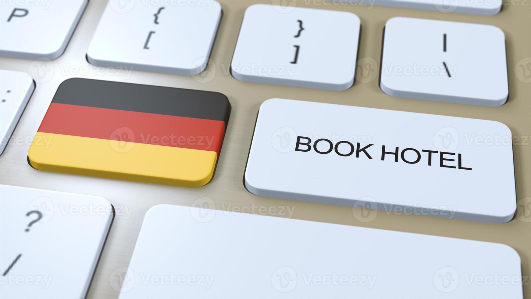 libro Hotel nel Germania con sito web in linea. pulsante su computer tastiera del computer. viaggio concetto 3d animazione. libro Hotel testo e nazionale bandiera. 3d illustrazione foto
