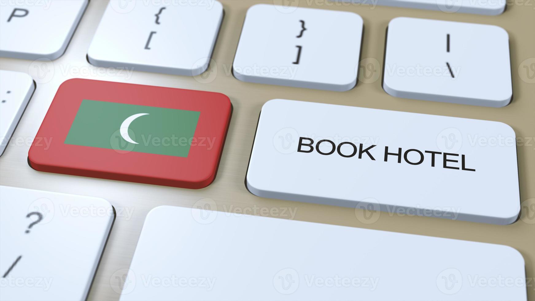libro Hotel nel Maldive con sito web in linea. pulsante su computer tastiera del computer. viaggio concetto 3d animazione. libro Hotel testo e nazionale bandiera. 3d illustrazione foto